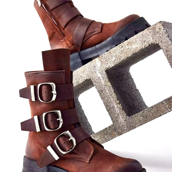 Urban Outfitters Steve Madden Roland Moto Boot Platform Lug Sole Brown - Picture 3 of 9